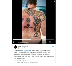 mcafee tattoo dedicated to skycoin