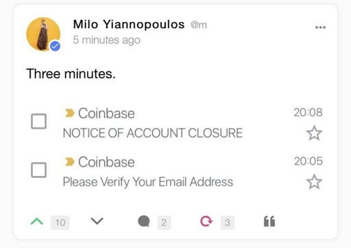 coinbase exchange milo yiannopoulos