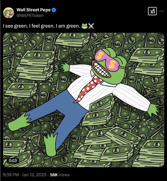 Post sui social media di Wall Street Pepe su X