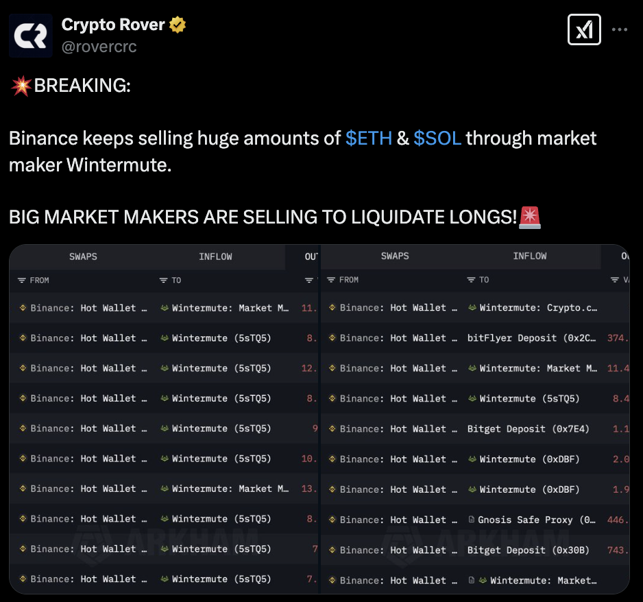 binance sells eth and sol