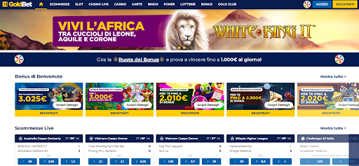 La homepage di GoldBet mette in evidenza l'ottima offerta di benvenuto